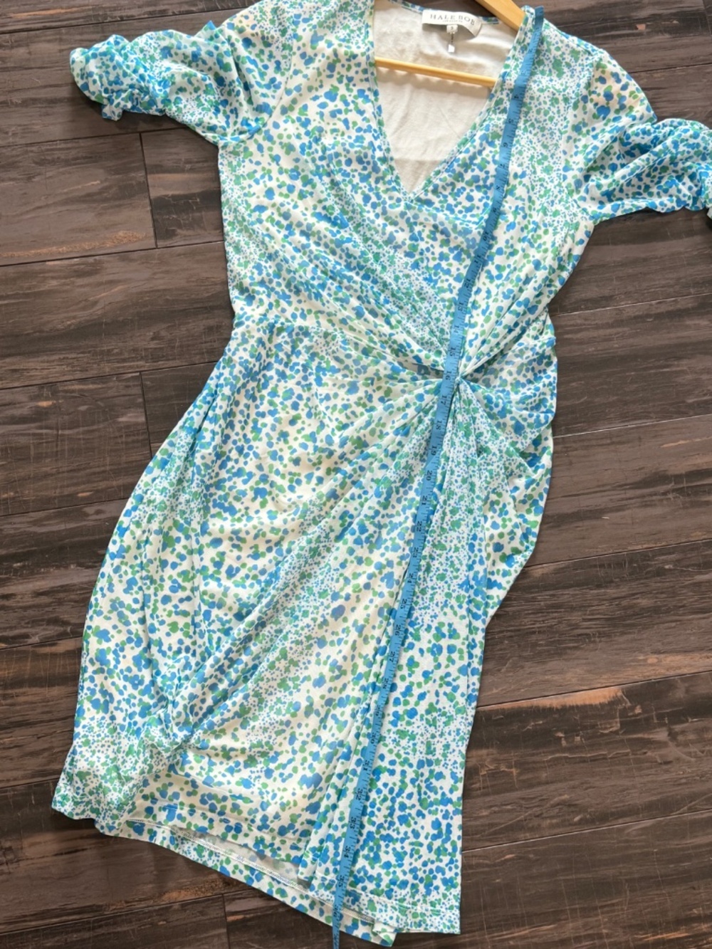 Hale Bob Twist Front Stretch Dress Elbow Sleeves Lined V- Neck Blue Green Print - Picture 10 of 12